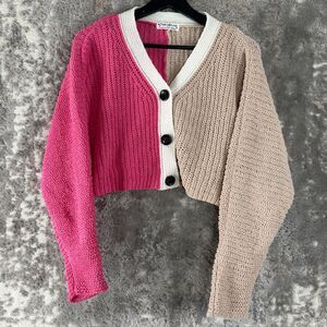 FCT with Love Sz M Crop Chunky Knit Split Color Block Cardigan Sweater Pink/Beig